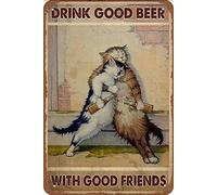 Plaque rétro en étain avec chat et bons amis pour boire une bonne bière - Décoration murale en métal - Affiche vintage - 20,3 x 30,5 cm