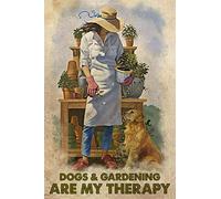 Plaque rétro en métal avec inscription « Dogs and Garden »,Poster en métal « Dogs and Gardening Are My Therapy »,Pour amateurs de chiens,Décoration de salon et de bureau,30.5x20.3 cm