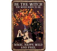 Plaque rétro en métal avec inscription « Halloween Be The Witch You Were Born To Be Cute Witch & Black Cat » - Décoration murale vintage en métal - 14 x 20 cm