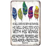Plaque rétro en métal avec inscription « He Will Cover You With His Feathers » - Série hymnale chrétienne - Décoration murale de Jésus - Décoration murale religieuse - 30,5 x 40,6 cm