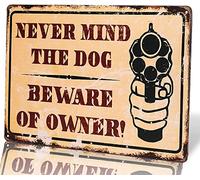Plaque rétro en métal avec inscription « Never Mind The Dog Beware of Owner » - Décoration murale pour bar, club de musique, chambre d'homme, 14 x 20 cm