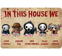 Plaque rétro en métal avec personnages d'horreur « Horror Movies In This House We Love Family » - Décoration murale vintage pour la maison, les bars, les restaurants, les cafés, les pubs - 30,5 x 40,6