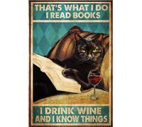 Plaque rétro en métal - Chat et livres | That's What I Do I Read Books I Drink Wine and I Know Things - Affiche en métal - Affiche d'amour en métal pour la maison, décoration d'intérieur, décoration