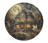 Plaque ronde en étain effrayante maison hantée d'Halloween vintage en métal Décoration murale Poster Automne Halloween Man Cave Stuff pour rue et maison, bar, club, cuisine, art mural 30 cm x 30 cm