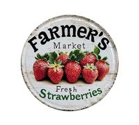 Plaque ronde en métal avec inscription « Farmer's Market Fresh Strawberries » - Vintage rétro - Pour cuisine, jardin, cour, chambre à coucher, club, maison - Décoration d'hiver - 30,5 x 30,5 cm
