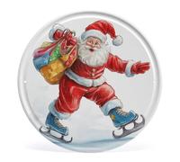Plaque ronde en métal avec motif Père Noël sur patins à glace avec sac cadeau coloré - Plaque murale rustique vintage en métal - Décoration de Noël amusante - 30 x 30 cm