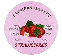 Plaque ronde en métal « Farmers Market Strawberries », « Fresh Produce Eggs », « Honey Flowers », « Daily Open », 30,5 cm, pour porche, jardin, cuisine, bar, café, garage