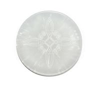 Plaque ronde en sélénite naturelle, 10 cm, disque de charge circulaire en cristal avec gravures mystiques, pour méditation et énergie, nœud de sorcière, 7 chakras, fleur de vie (nœud de sorcière