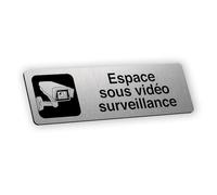 Plaque signalétique gravée autocollante Espace sous vidéo surveillance - alu brossé - format 12x3,7 cm