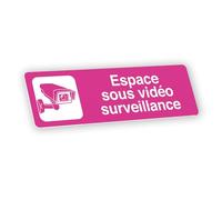 Plaque signalétique gravée autocollante Espace sous vidéo surveillance - rose - format 20x6 cm