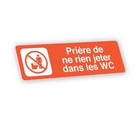 Plaque signalétique gravée autocollante Prière de ne rien jeter dans les WC - orange - format 12x3,7 cm