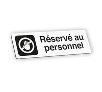 Plaque signalétique gravée autocollante Réservé au personnel - blanc écriture noire - format 12x3,7 cm