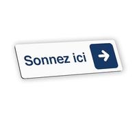 Plaque signalétique gravée autocollante Sonnez ici flèche droite - blanc écriture bleue - format 12x3,7 cm