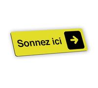 Plaque signalétique gravée autocollante Sonnez ici flèche droite - jaune - format 12x3,7 cm