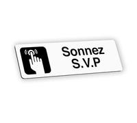 Plaque signalétique gravée autocollante Sonnez S.V.P - blanc écriture noire - format 12x3,7 cm