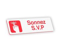 Plaque signalétique gravée autocollante Sonnez S.V.P - blanc écriture rouge - format 12x3,7 cm