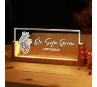 Plaque signalétique LED personnalisée pour cardiologue - Panneau de bureau personnalisé en forme de cœur avec base lumineuse en acrylique et bois - Plaque de nom gravée pour médecin - Décoration de