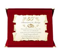 Plaque Souvenir Élégante pour 50e Anniversaire de Mariage | Cadeau Cinquantième | Noces d'Or | Parchemin en Métal Doré Décoratif avec Dédicatoire (Rouge, 50 Ans)