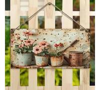 Plaque suspendue de 10,2 x 20,3 cm - Fleurs en pot rustiques et outils pour décoration rustique de ferme, idéal pour clôture, porche, jardin (design vintage de maison et fleurs)