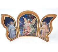 Plaque triptyque en bois pliable en forme d'ange gardien avec reflets dorés - Ornement religieux - Avec carte de prière