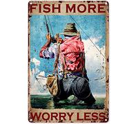 Plaque vintage en aluminium avec inscription « Fishing Man Fish More Worry Less » - Décoration murale rétro pour la maison, la cuisine, le café, le bar, les vacances, 20,3 x 30,5 cm