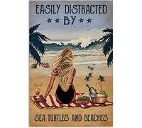 Plaque vintage en étain « Facilement distracted by Sea Turtles » - Décoration murale amusante - Cadeau d'anniversaire, de pendaison de crémaillère - Pour homme et femme - 30,5 x 20,3 cm