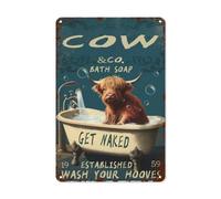 Plaque vintage en étain Highland Cattle Bath Soap - Wash Your Hooves & Get Naked! Décoration murale rétro pour salle de bain, chambre à coucher, garage, salle à manger Cadeau unique pour les amateurs