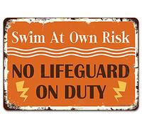 Plaque Vintage en étain pour Piscine, « Swim at Own Risk No Lifeguard on Duty » - Décoration Murale rétro pour la Maison, Le Bord de la mer, la Piscine, la clôture