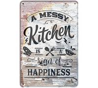 Plaque vintage en métal avec citation de cuisine « A Messy Kitchen is A Sign of Happiness » - Décoration murale - 20,3 x 30,5 cm