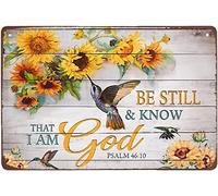 Plaque vintage en métal avec inscription « Be Still & Know That I Am God » - Affiche inspirante - Verset de la Bible - Décoration murale - Motif colibris - Décoration biblique pour la maison, le