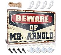 Plaque vintage en métal avec inscription « Beware of Mr. Arnold » - Accessoire de garage - Décoration de bar - 30 x 40 cm