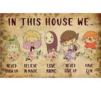 Plaque vintage en métal avec inscription « In This House Never Grow Up Believe In Magic Love » - Décoration murale pour maison, café, salle à manger - 30,5 x 40,6 cm