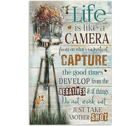 Plaque vintage en métal avec inscription « Life is Like A Camera Focus On What's Important » - Décoration murale rétro - Peinture en fer pour maison, cuisine, café, pub - 15,2 x 20,3 cm