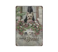 Plaque vintage en métal avec motif chien Yorkshire Terrier et marguerite Waiting At The Door - Décoration murale rustique - 20,3 x 30,5 cm