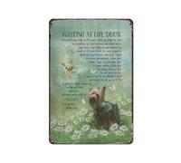 Plaque vintage en métal avec motif chien Yorkshire Terrier et marguerite Waiting At The Door - Décoration murale rustique - 20,3 x 30,5 cm