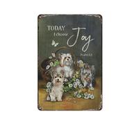 Plaque vintage en métal avec motif chien Yorkshire Terrier et marguerite Waiting At The Door - Décoration murale rustique - 20,3 x 30,5 cm