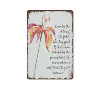 Plaque vintage en métal « Consider The Lilies, Lily of The Field », impression de verset de la Bible, art mural chrétien, décoration murale rétro pour maison, ferme, club, cadeau de printemps