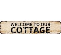 Plaque vintage en métal - Décoration murale rétro « Welcome To Our Cottage » - Plaque en aluminium rustique pour maison, bar, cuisine, garage, cave, homme - 10,2 x 40,6 cm