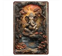 Plaque vintage en métal - Ganesh avec forêt et coucher de soleil - Plaque rétro en métal pour les amateurs de spirituel et de méditation - Décoration murale pour maison/temple/studio de yoga 20,3 x