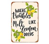 Plaque vintage en métal motif citron 30,5 x 20,3 cm Where Troubles Melt Like Lemon Drops - Décoration murale rétro pour garage, jardin, cuisine, bar, restaurant, limonade