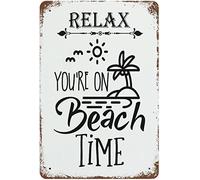 Plaque vintage en métal « Relax You're On Beach Time » - Décoration murale pour intérieur et extérieur - Décoration artistique pour la maison, le bar, les cadeaux - 20,3 x 30,5 cm