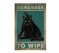 Plaque vintage en métal « Remember to Wipe » avec chat noir - Poster amusant en métal pour la maison, la cuisine, le bar, le pub - 20,3 x 30,5 cm