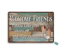 Plaque vintage en métal « Welcome Friends Please Take Your Shoes Off and Stay Awhile » - Décoration murale - Décoration d'intérieur - Affiche de cuisine - 30,5 x 40,6 cm