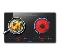 Plaque Vitrocéramique 2 Feux à Poser avec Sérigraphie Bleue, Karinear, Plaque Electrique Posable 2 Foyers, Plaque de Cuisson Electrique Portable avec Prise, Minuterie, Verrou de sécurité, 220-240V