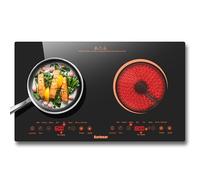 Plaque Vitrocéramique 2 Feux à Poser avec Sérigraphie Orange, Karinear, Plaque Electrique Posable 2 Foyers, Plaque de Cuisson Electrique Portable avec Prise, Verrou de sécurité, 220-240V