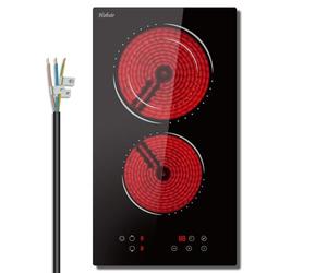 Plaque Vitrocéramique 2 Feux, Hobsir Plaque Cuisson Vitrocéramique, 29cm Encastrable, Domino Plaque de Cuisson électrique, 3200W, Pas de Prise, Minuterie, Verrouillage de Sécurité, Pas de Prise