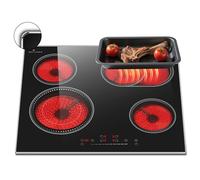 Plaque Vitrocéramique 4 Feux avec Cadre, DELITEER Table de Cuisson Electrique Encastrable 60CM, avec Zone Ovale et Double, Curseur Tactile, Verrou de Sécurité, Minuterie, 6600W, 220V