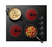 Plaque vitrocéramique 4 zones 6,0 kW avec boutons rotatifs Noir Verre | Commande rotative facile, 4 zones de cuisson, 6,0 kW, verre céramique noir, grattoir à verre, facile d'entretien, durable