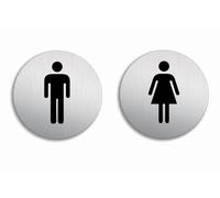 Plaques de Porte - WC Toilettes Dames + Messieurs | Ø 100 mm Lot de 2 Matériau Aluminium brossé Aspect Acier Inox