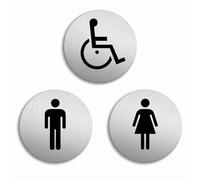 Plaques de Porte - WC Toilettes Handicapés + Dames + Messieurs | Ø 100 mm Lot de 3 Matériau Aluminium brossé Aspect Acier Inox